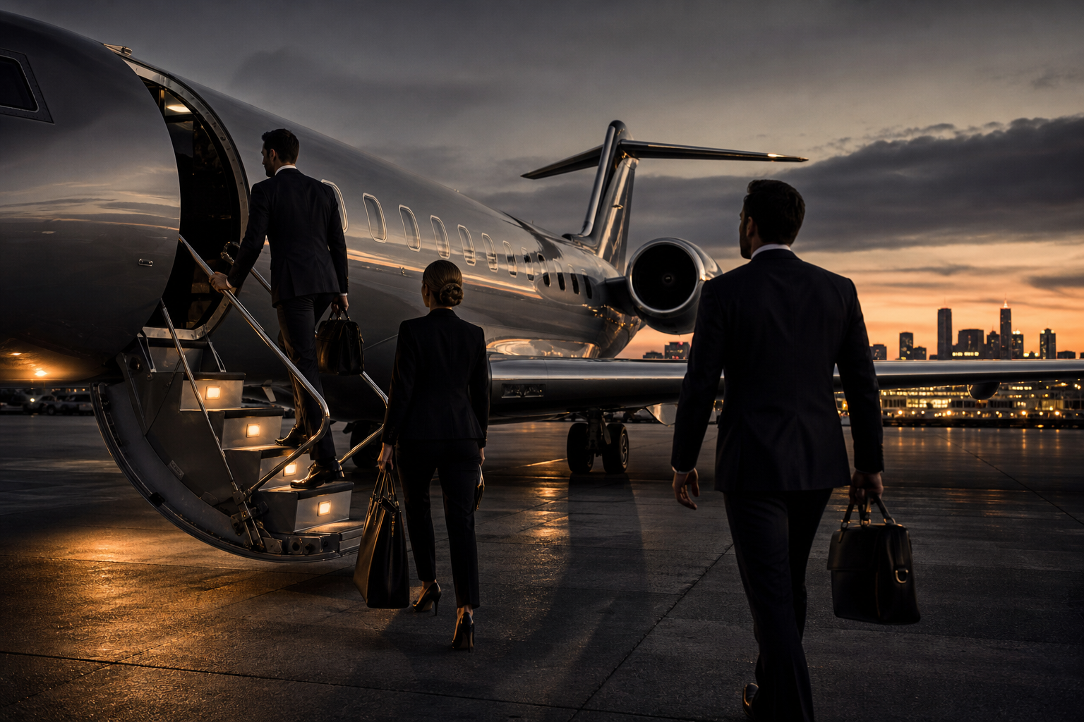 Business team boarding a light gray private jet at dusk with city skyline in the distance