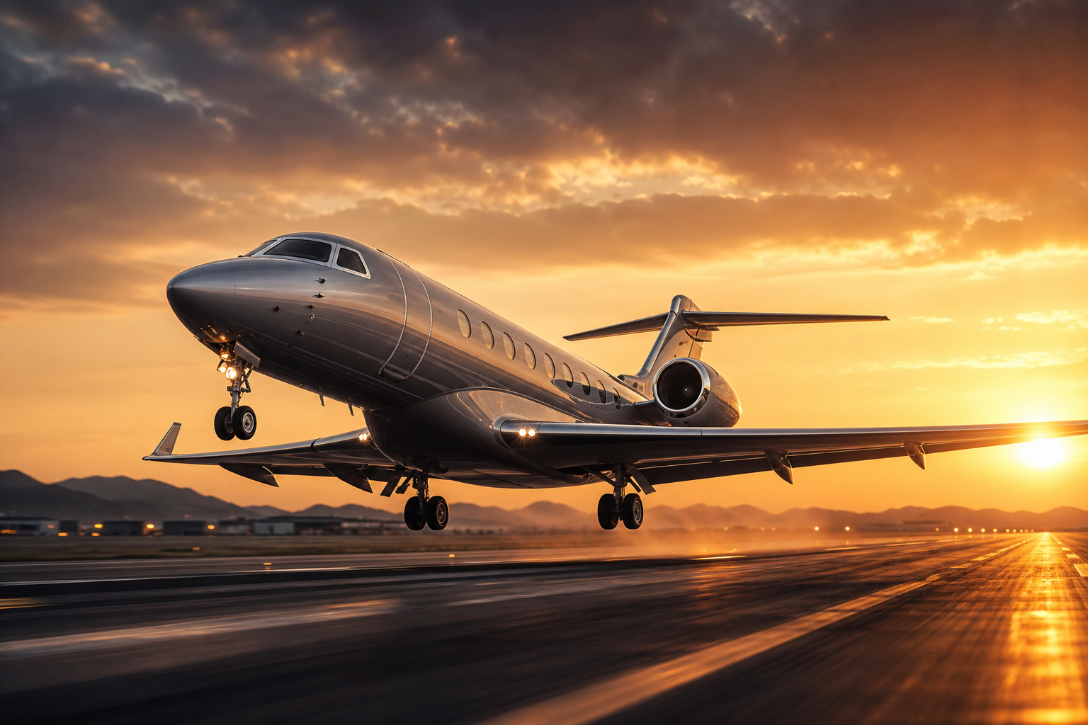 Sleek midsize jet taking off at sunrise with warm amber sky and long runway perspective