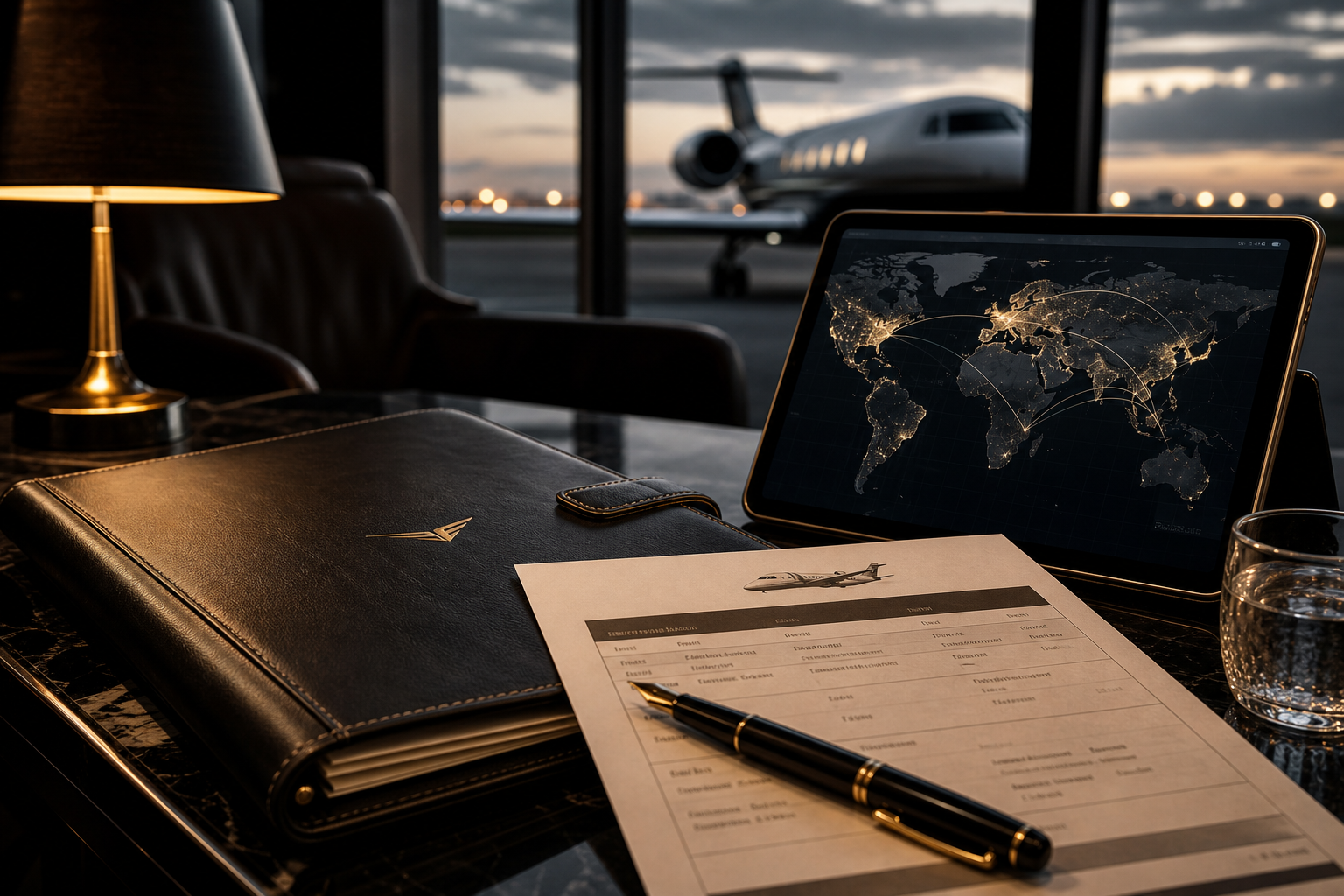 Elegant airport lounge table with itinerary folder, fountain pen, and world map on a tablet