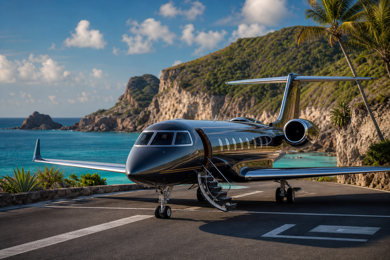 Private jet on a small coastal runway bordered by turquoise water and tropical cliffs
