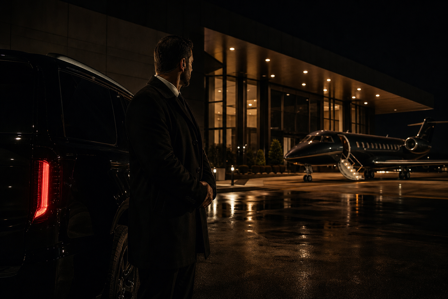 Discreet security professional near a black SUV beside a private terminal at night