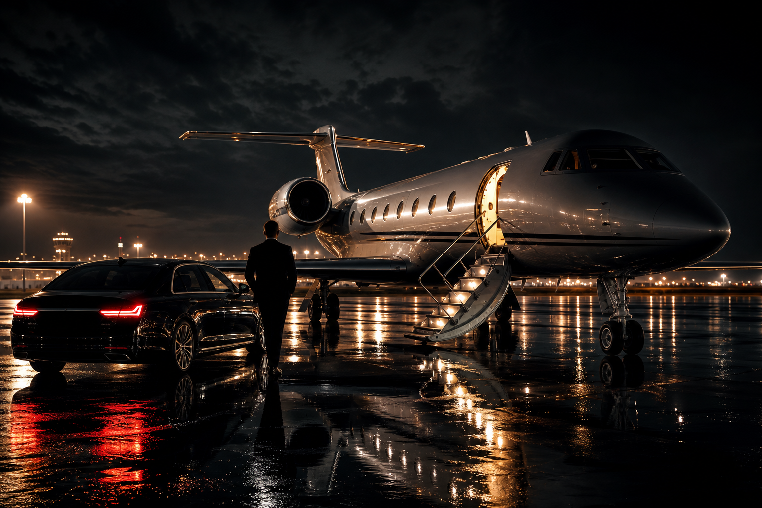 Nighttime private jet parked on a rain-slick tarmac with runway lights and a discreet black car nearby