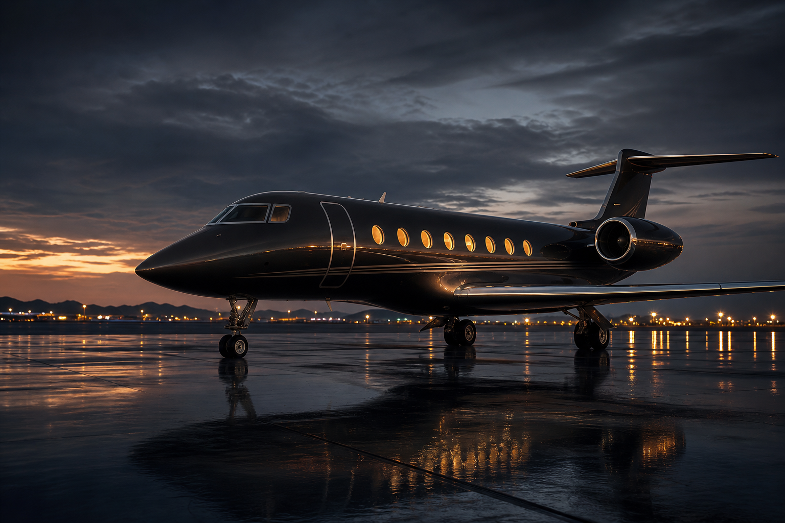 Refined private jet parked on a twilight tarmac with warm cabin lighting visible through the windows