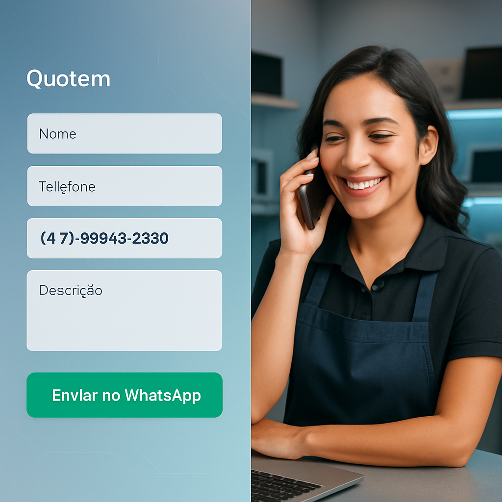 Atendente sorrindo ao celular em ambiente moderno, representando atendimento ágil e cordial.