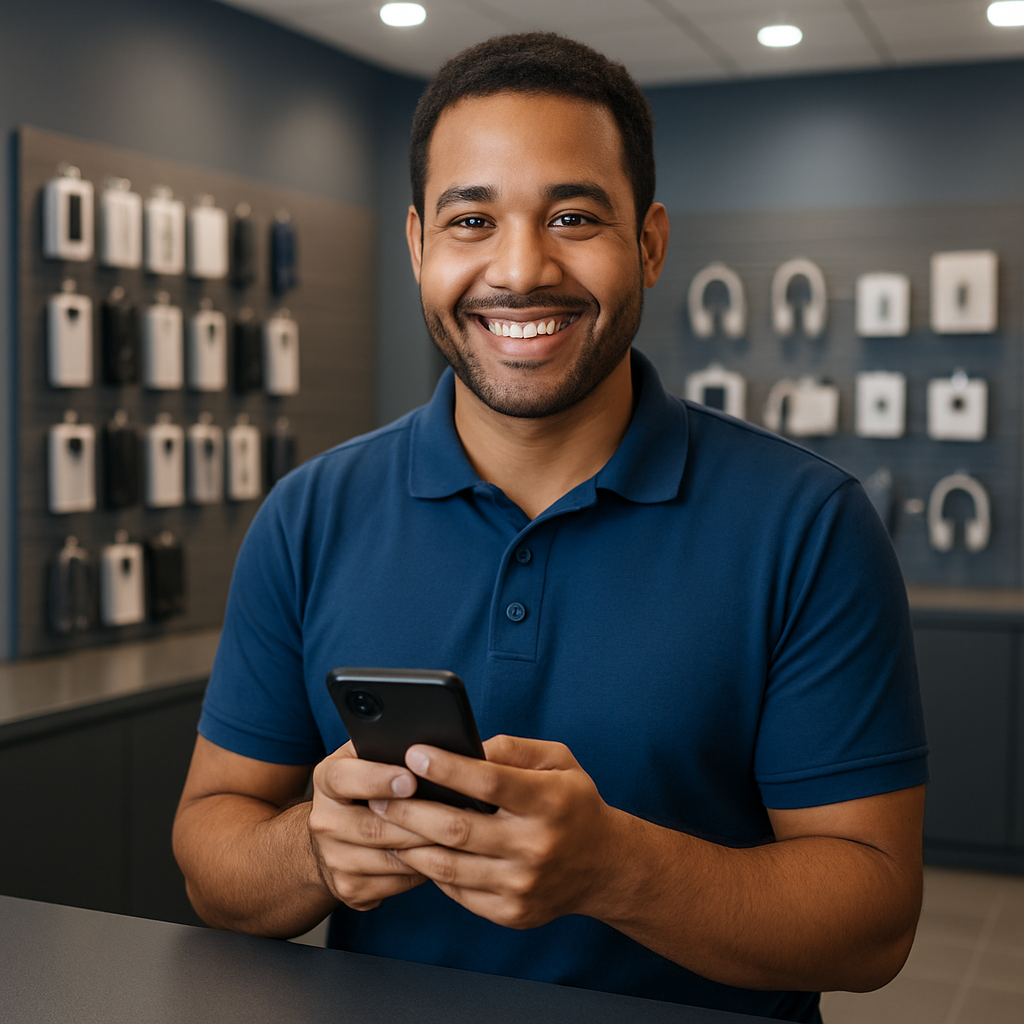 Atendente sorrindo ao celular em ambiente moderno, representando atendimento ágil e cordial.
