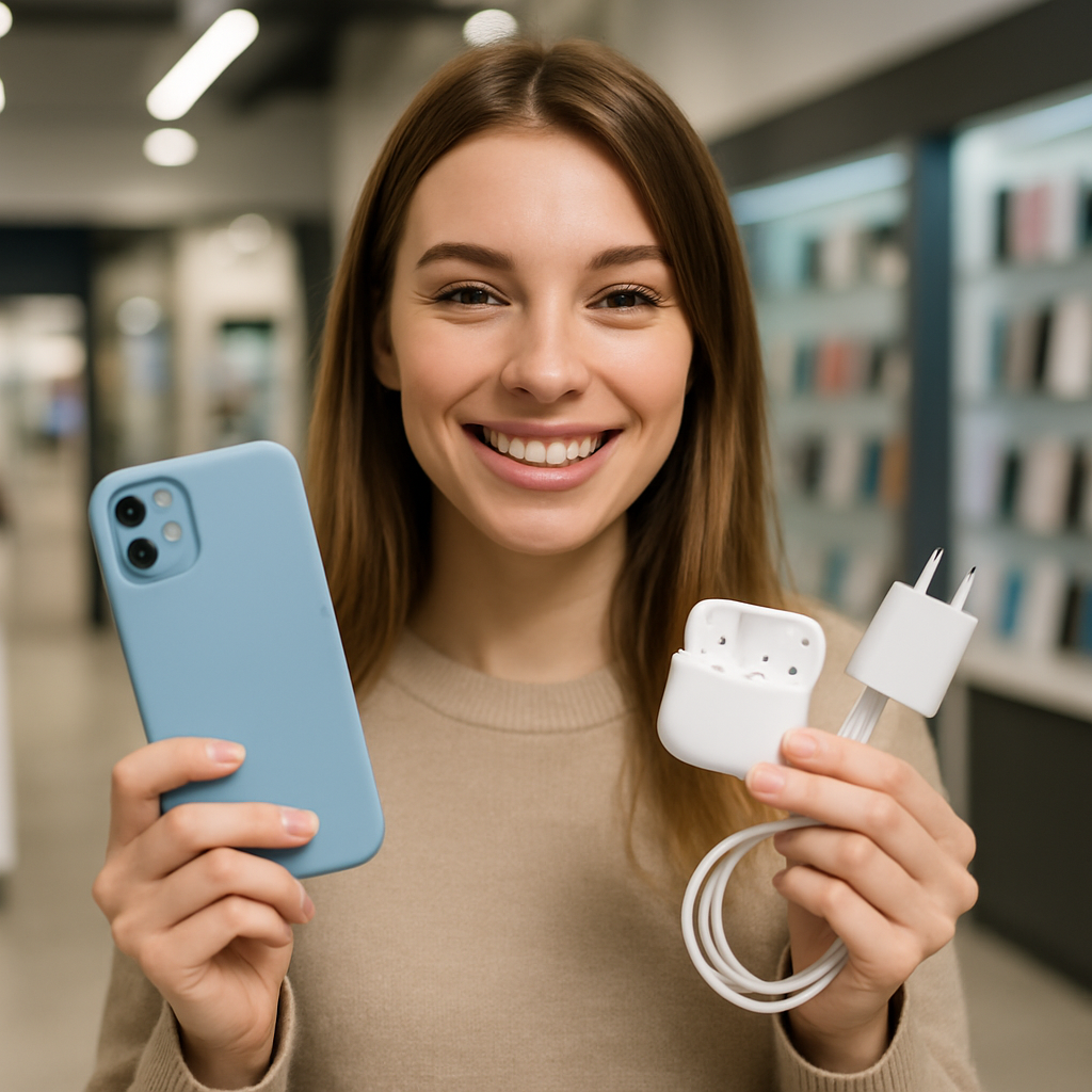 Cliente mulher com acessórios de celular sorrindo