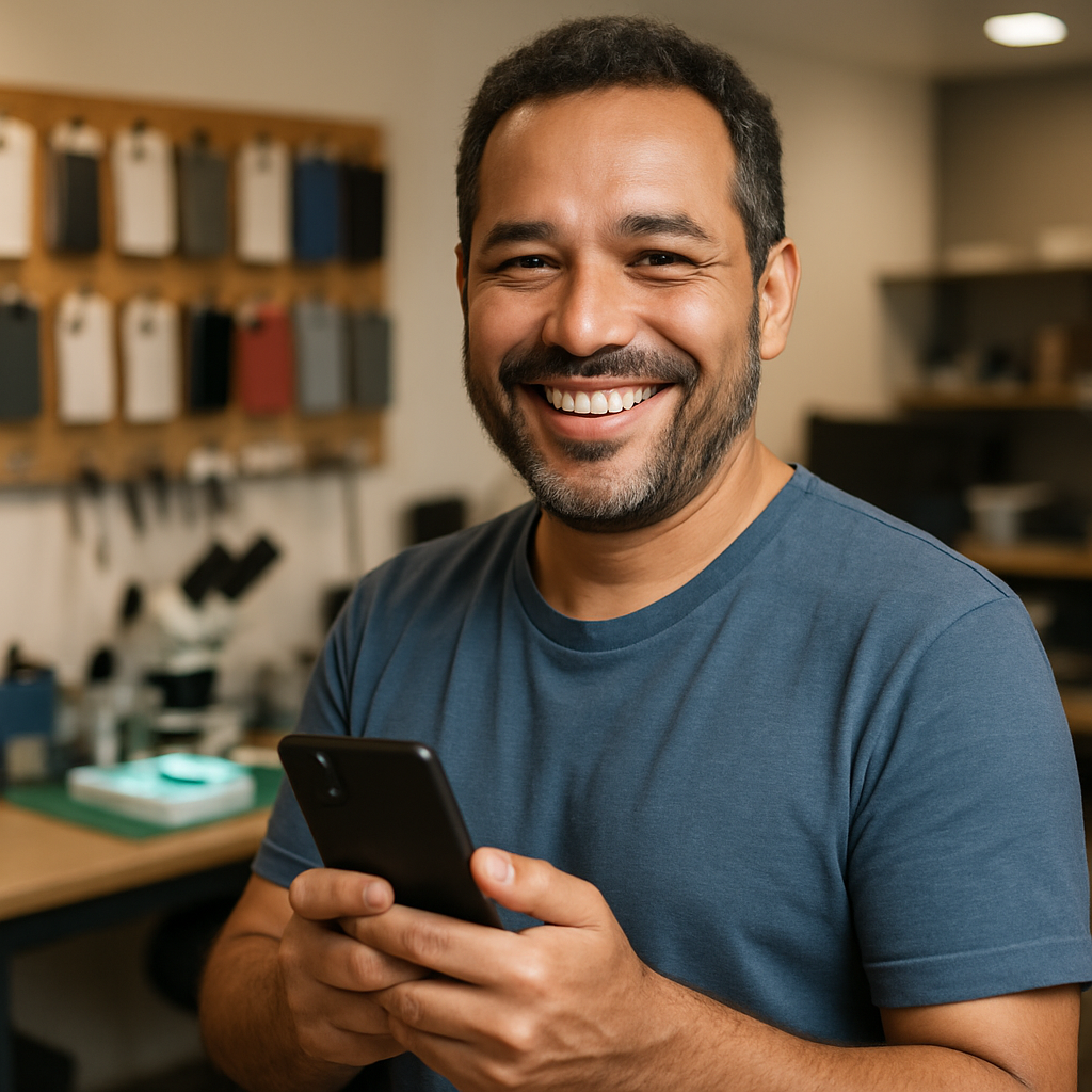 Cliente satisfeito sorrindo com celular