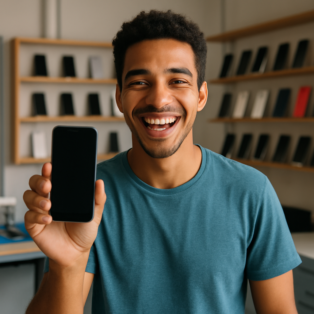 Jovem satisfeito com smartphone em mãos