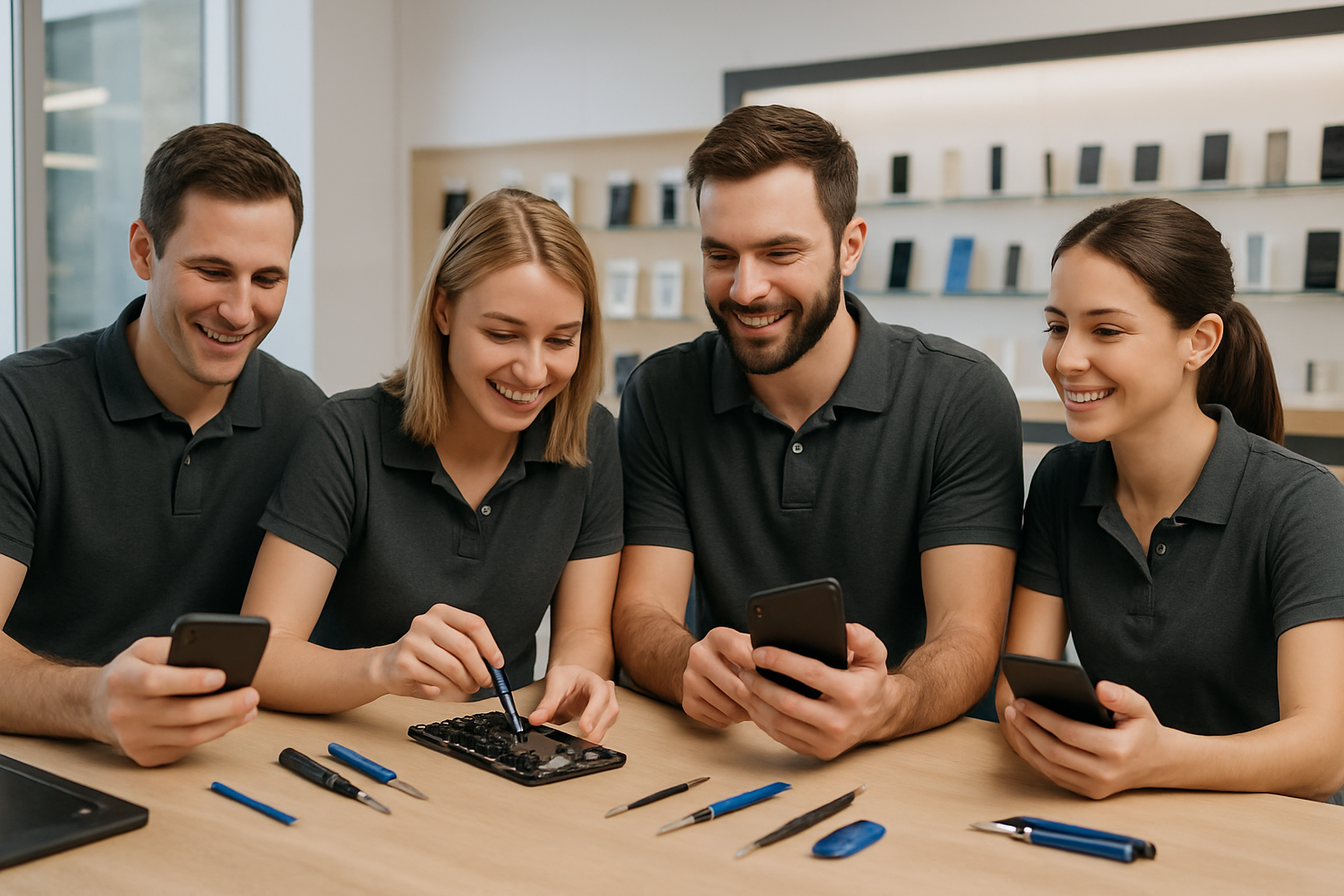 Equipe da Fortes Cell em atendimento técnico, sorrindo e trabalhando juntos em smartphones