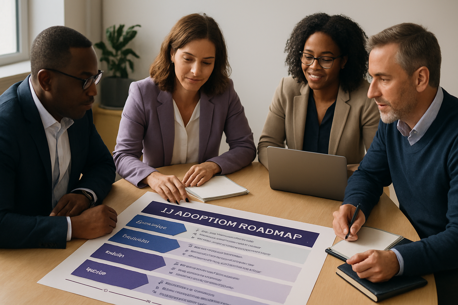 Consultants reviewing a phased AI adoption roadmap with business teams