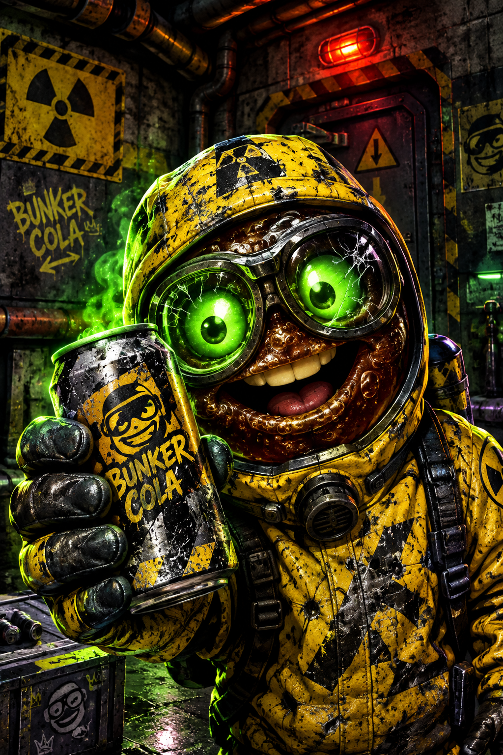 Bunker Cola mascot: a fizzy mutant survivor in a dented hazard suit, clutching a glowing soda can inside an underground bunker