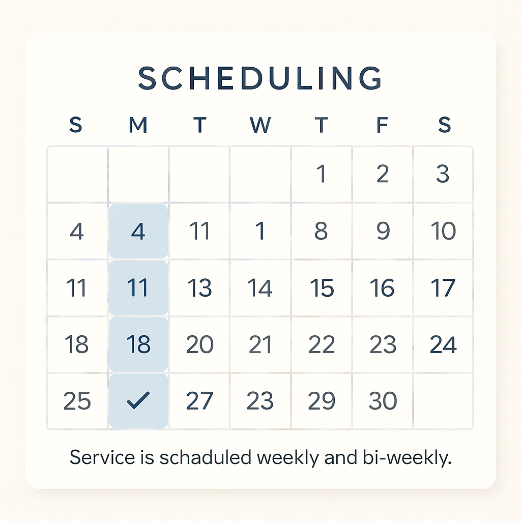 Clean, modern scheduling calendar with weekly and bi-weekly options highlighted