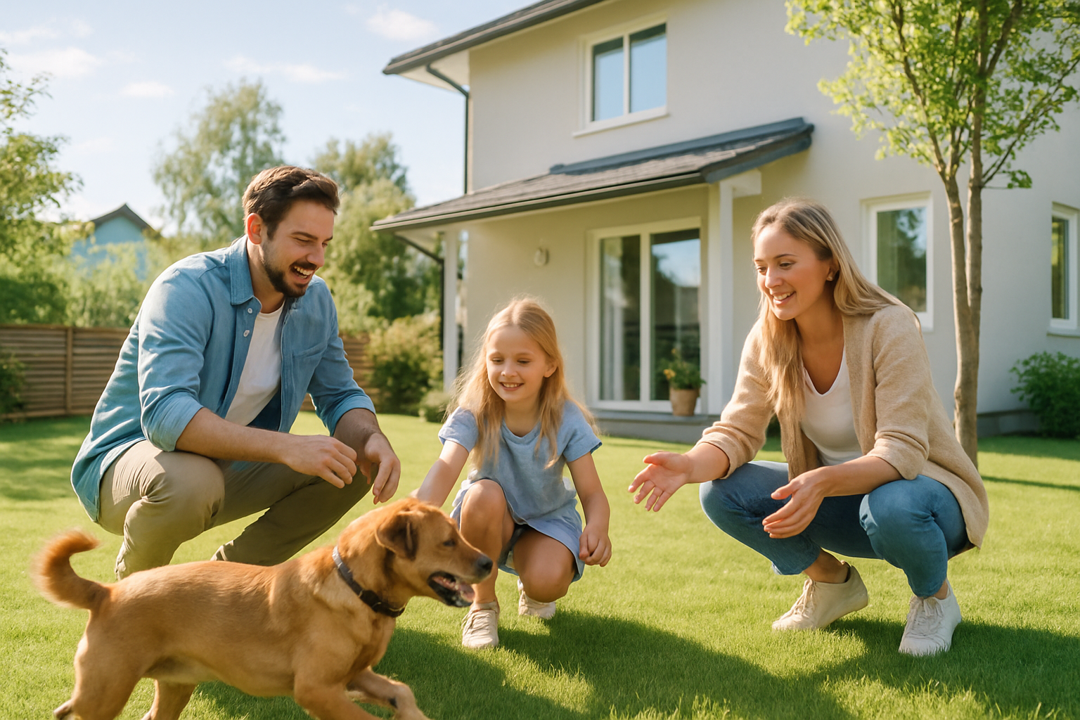 Clean backyard with a happy family and their dog