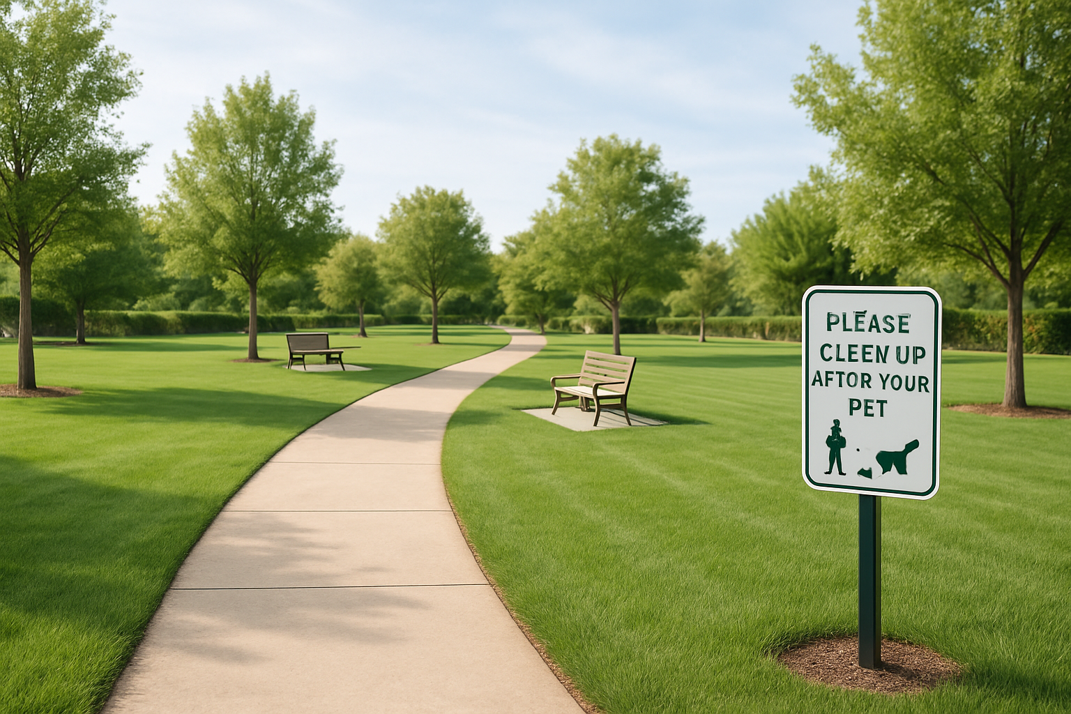 Well-maintained community park with clean pathways, trimmed lawns, and tidy pet areas