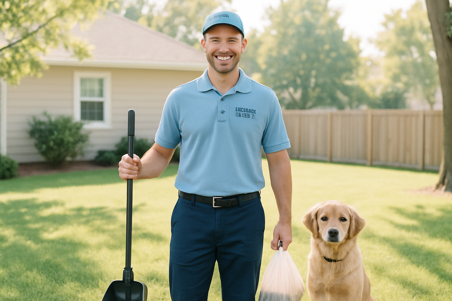 Friendly pet waste removal professional with a dog in a clean yard