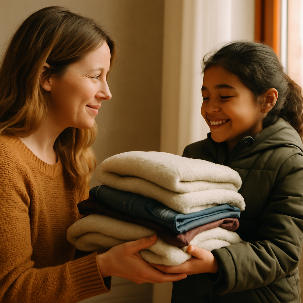 Family receiving warm winter supplies and showing gratitude for community support
