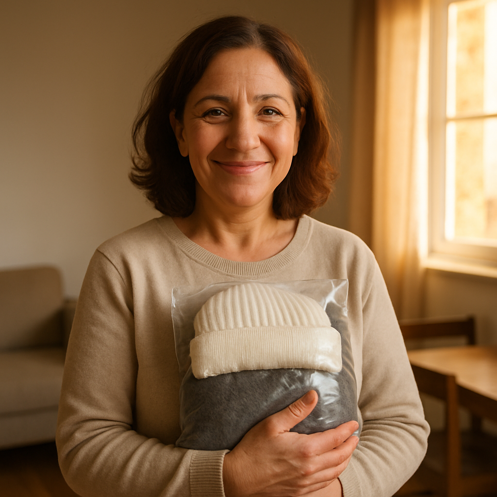 Oksana holding a warm winter kit in her modest apartment, smiling with quiet gratitude and relief