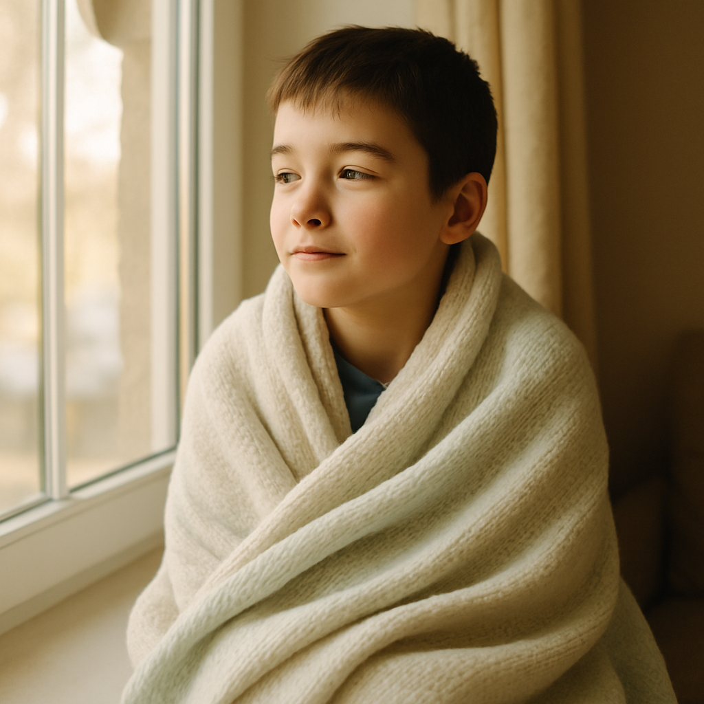 Young Maksym sitting by a window wrapped in a warm blanket from the winter kit, looking peaceful and hopeful