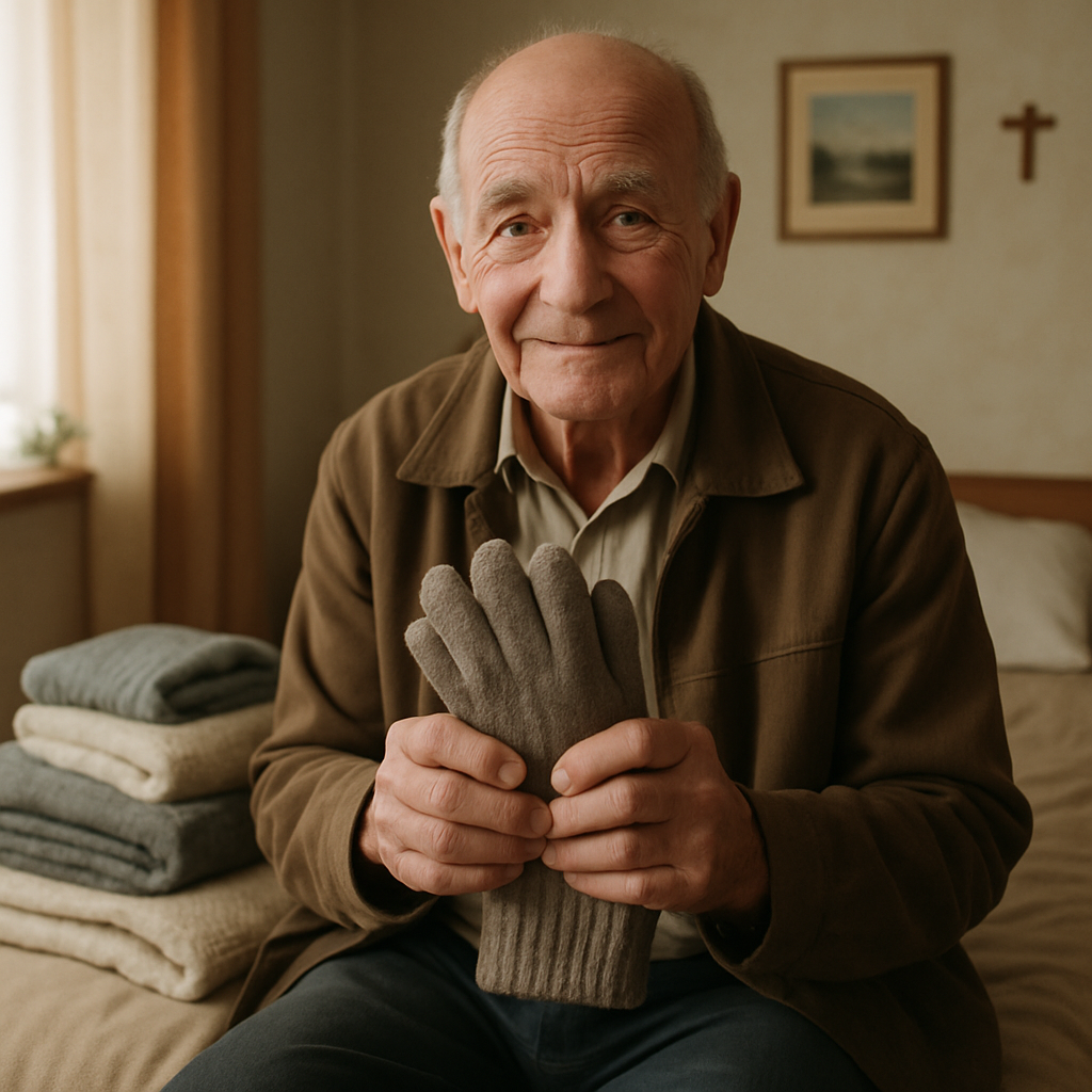Elderly Pavlo's weathered hands holding winter gloves, surrounded by warm supplies in his small home, looking grateful