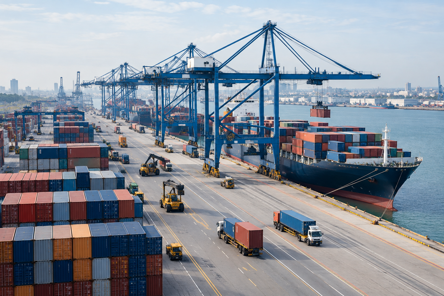 Modern cargo terminal operations with stacked containers, gantry cranes, and active freight handling infrastructure