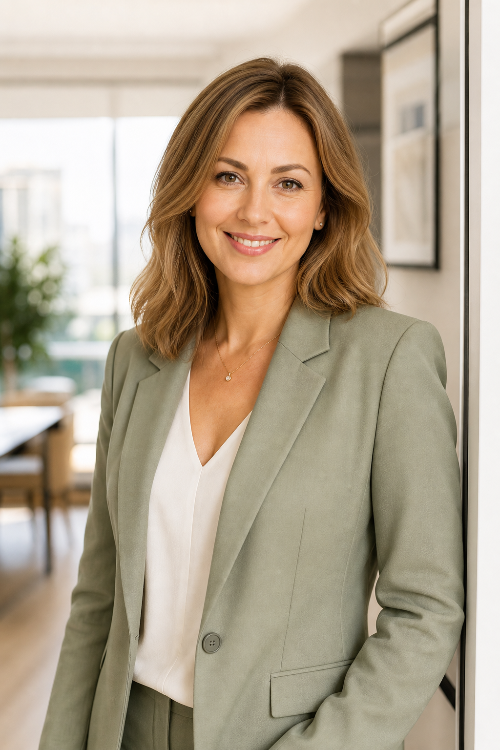 Professional portrait of Olha Melnyk, real estate agent, smiling warmly in business attire