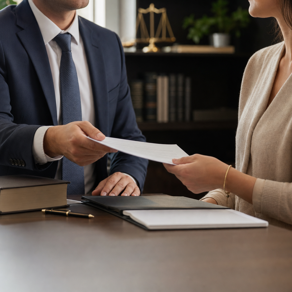 Calm personal injury attorney meeting with a car accident client in a modern local law office, reviewing documents and offering reassuring guidance