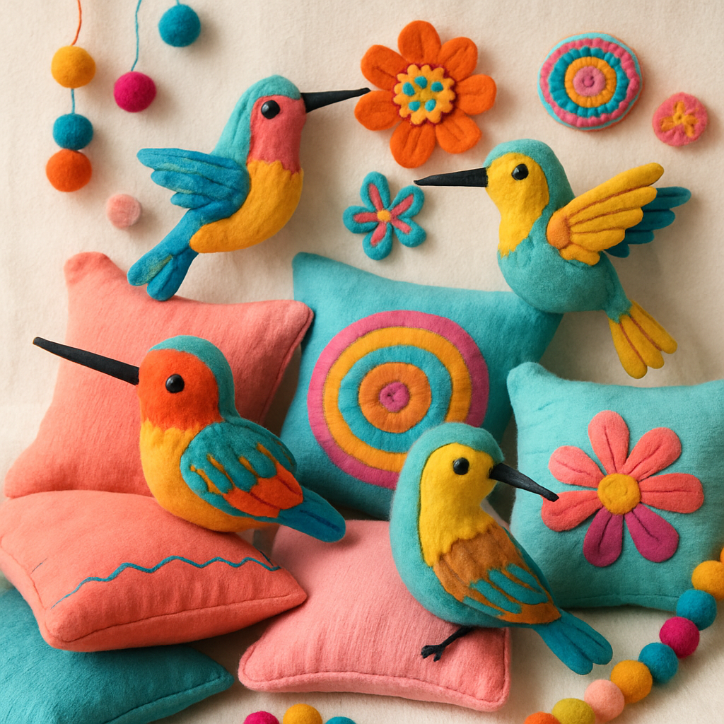 Handmade hummers and pillows arranged playfully, surrounded by colorful artisan decor, reflecting soft, creative, student-friendly vibes