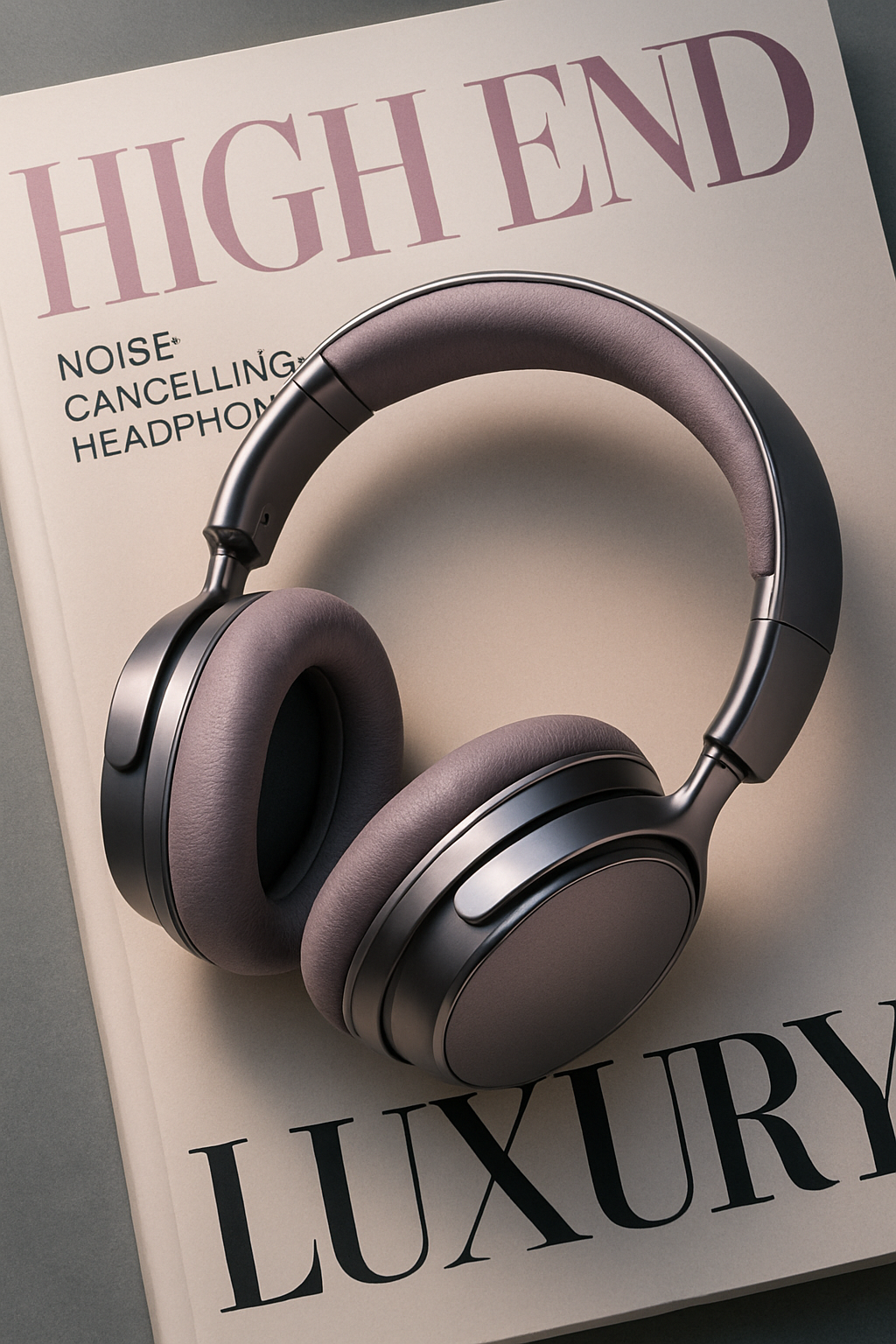 Audífonos de lujo noise-cancelling sobre fondo editorial de revista costosa, tonos juveniles, detalles metálicos y diseño premium