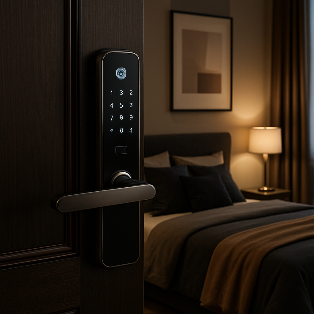 Ambiente editorial de lujo juvenil con cerradura biométrica moderna instalada en una puerta elegante, iluminación suave y detalles metálicos