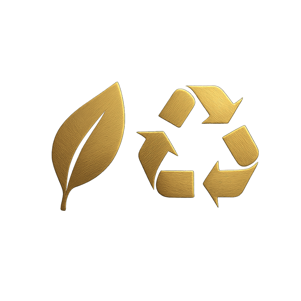 Icono de hoja y símbolo de reciclaje dorados sobre fondo editorial