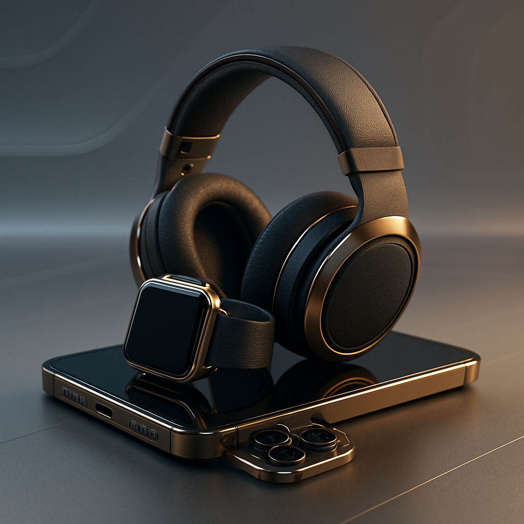 Gadgets tecnológicos de lujo apilados con fondo futurista