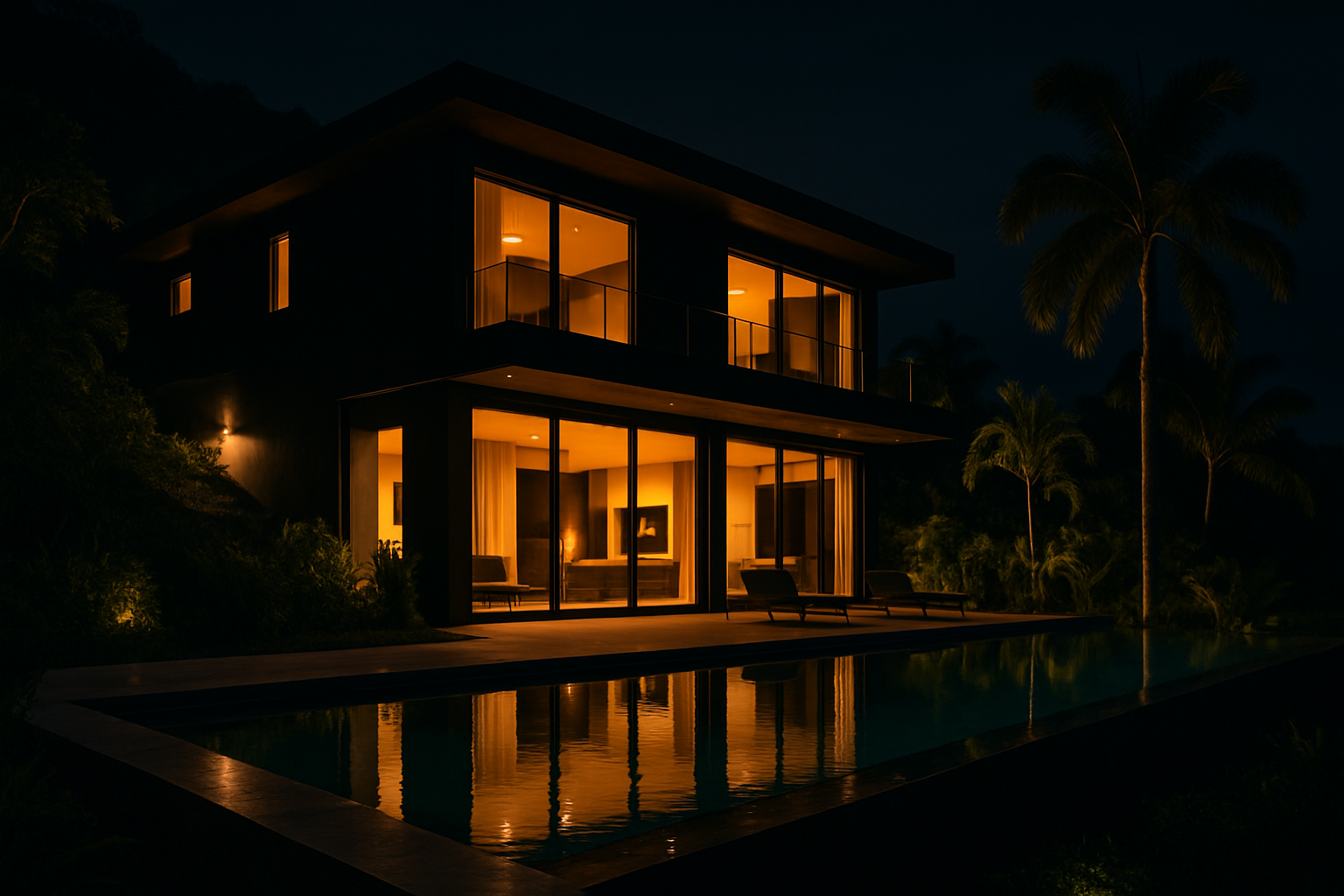 Modern Jamaican hillside villa with a dark exterior, warm interior lighting, and a luxury pool at night