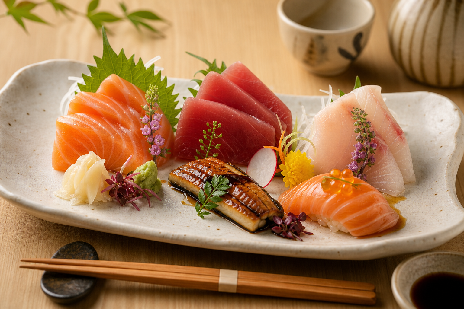 Seasonal omakase platter with salmon, tuna, eel, and delicate garnishes on a ceramic plate
