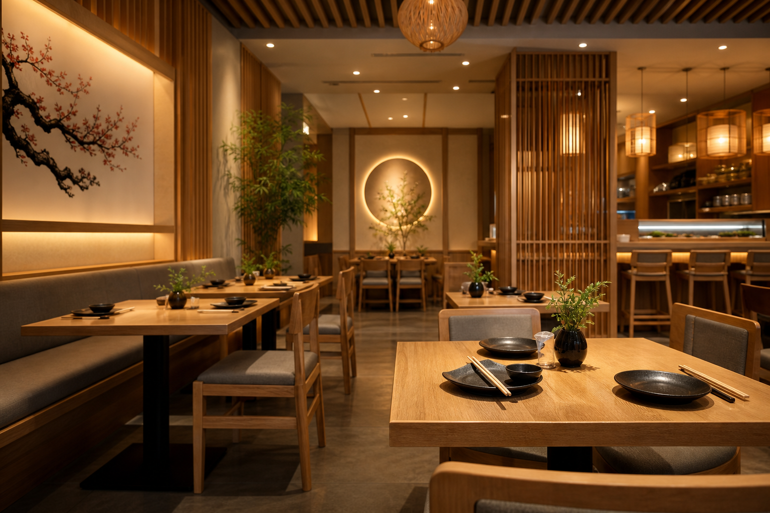 Warm modern Japanese restaurant interior with wood accents, softly lit tables, and a welcoming atmosphere