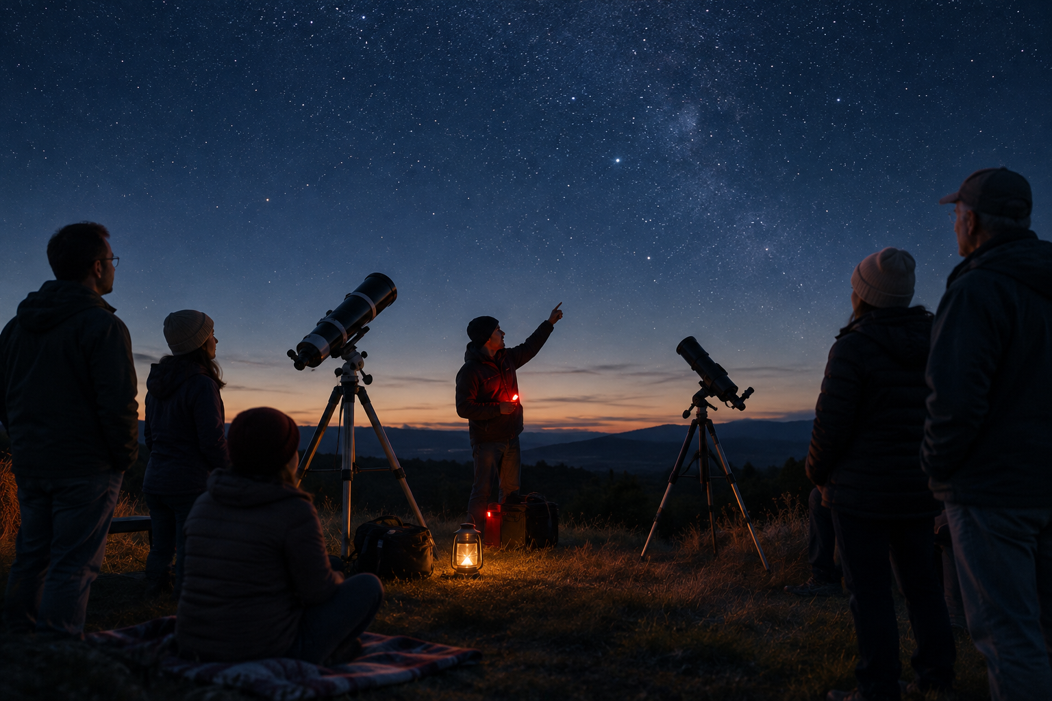 Calm field observation setup at dusk with telescopes pointed toward a starry sky and a small astronomy group listening to a guide
