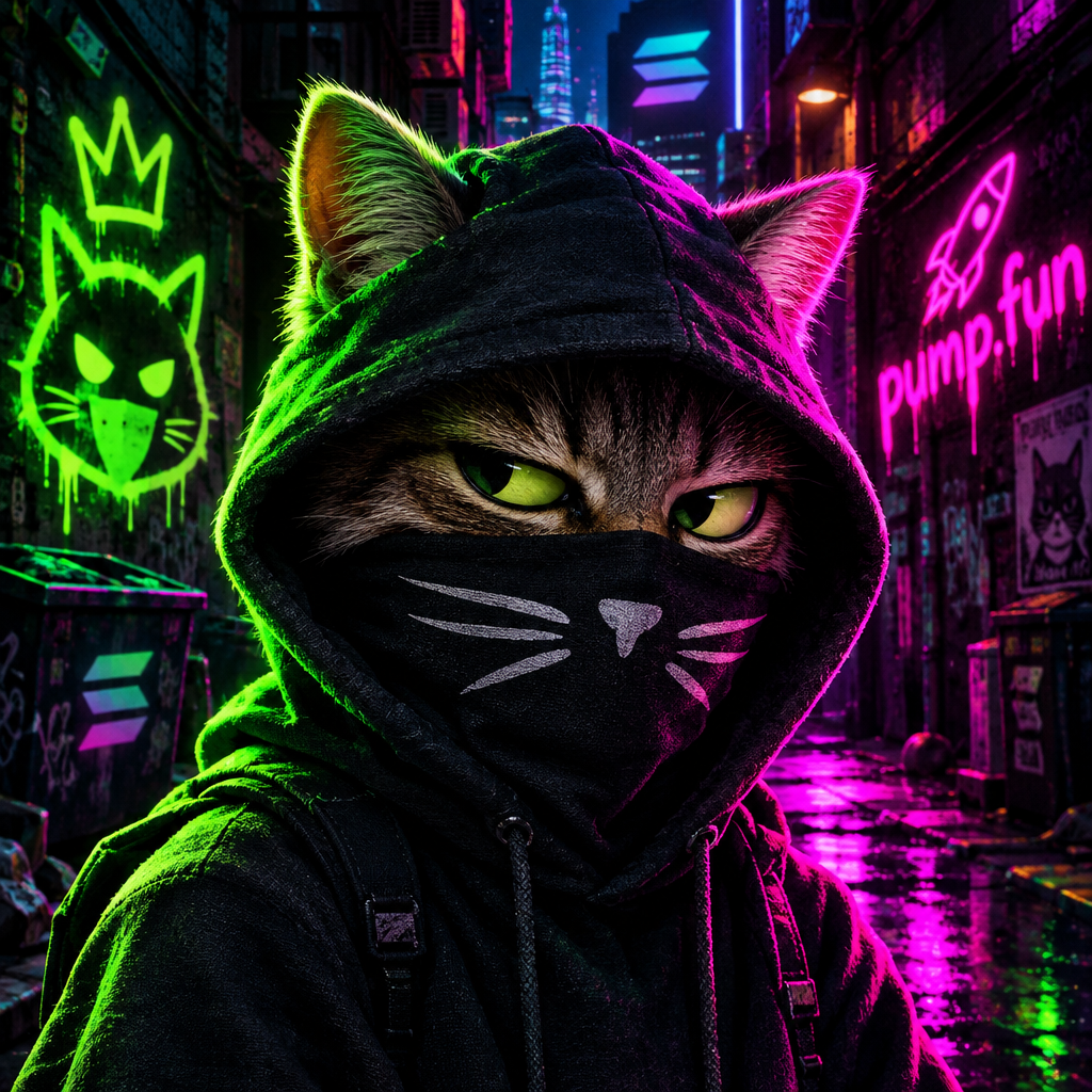 Small masked street cat with sharp neon eyes, hoodie vibe, and suspicious grin