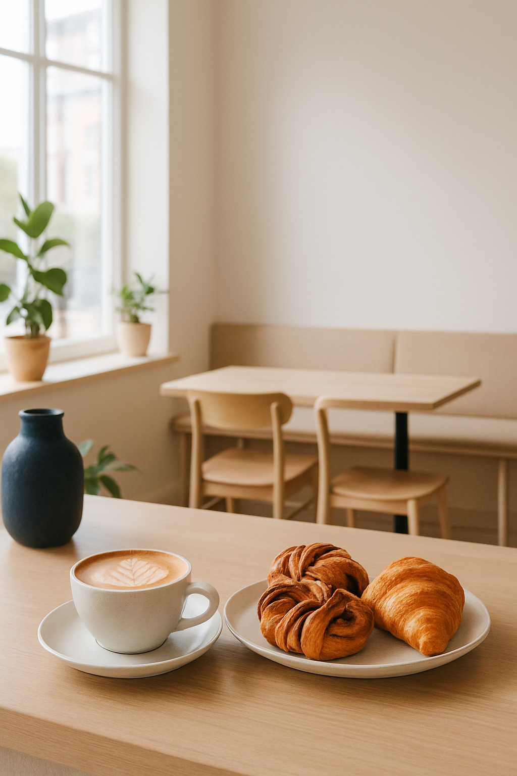 Bright Scandinavian cafe interior with pale walls, light oak tables, coffee cups and pastries in soft natural window light