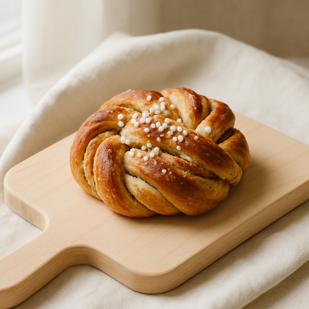 Cardamom knot bun on a pale wood board