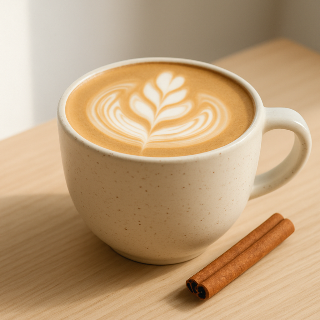 Maple oat latte in a ceramic cup