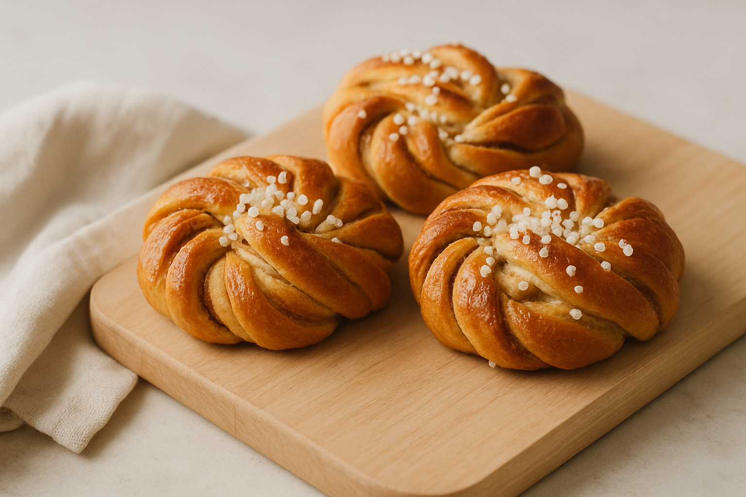 Cardamom buns on a light wood board