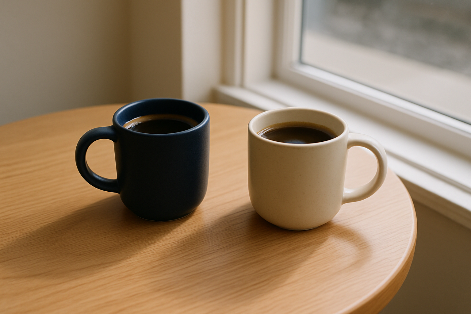 Two coffee cups on an oak table
