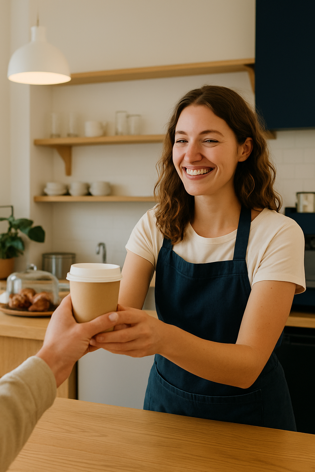 Barista handing a coffee to a guest