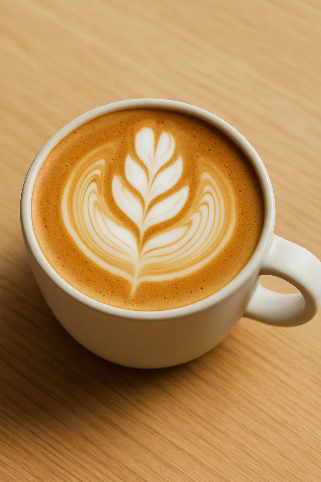Close-up of latte art in a white ceramic cup