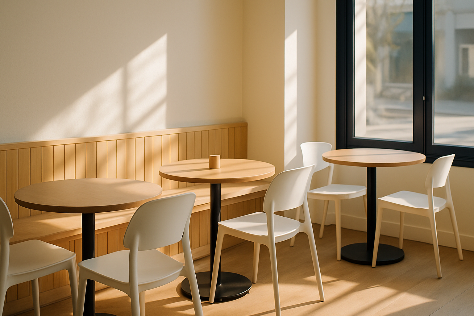 Sunlit cafe seating in the morning