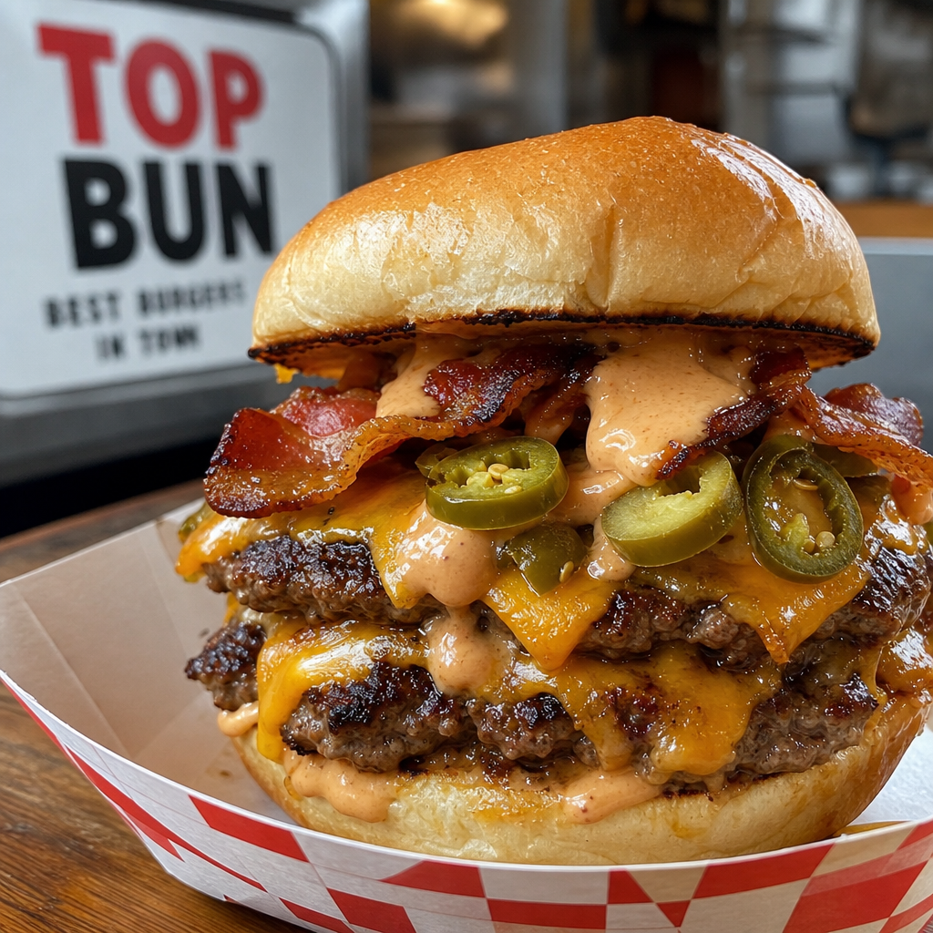 BBQ bacon smash burger with crispy onions, smoky sauce, and melted cheddar in a toasted bun