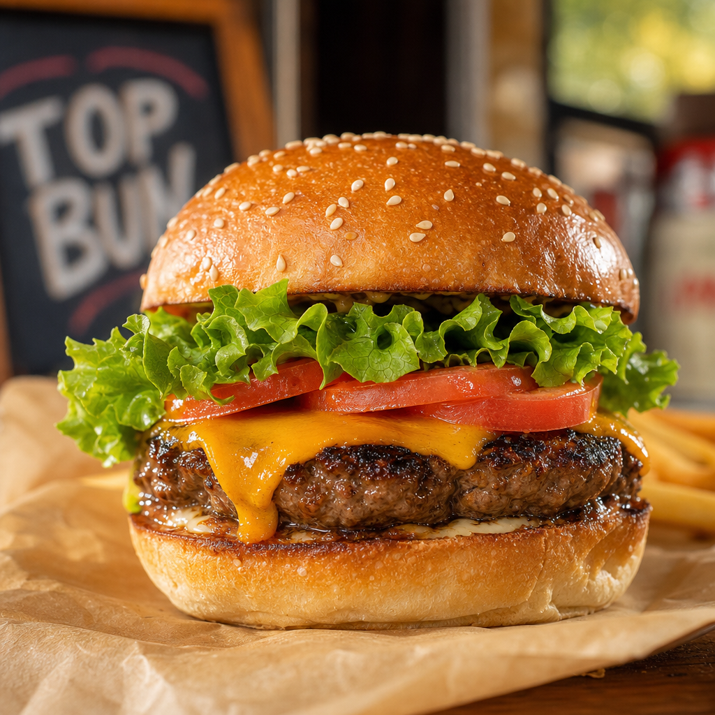 Juicy char-grilled hamburger with melted cheese, crisp lettuce, and toasted sesame bun