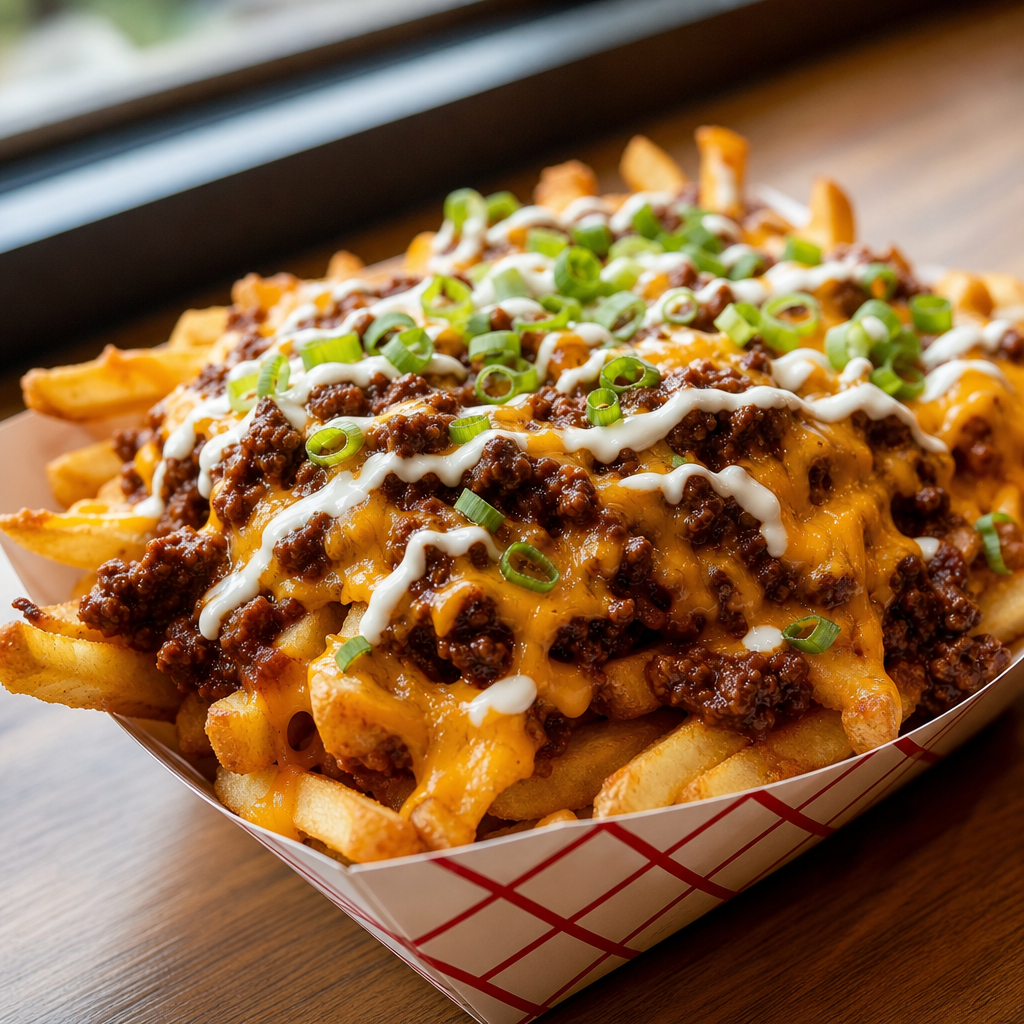 Crispy loaded fries piled high with chili, melted cheddar, and a drizzle of creamy sauce in a tray