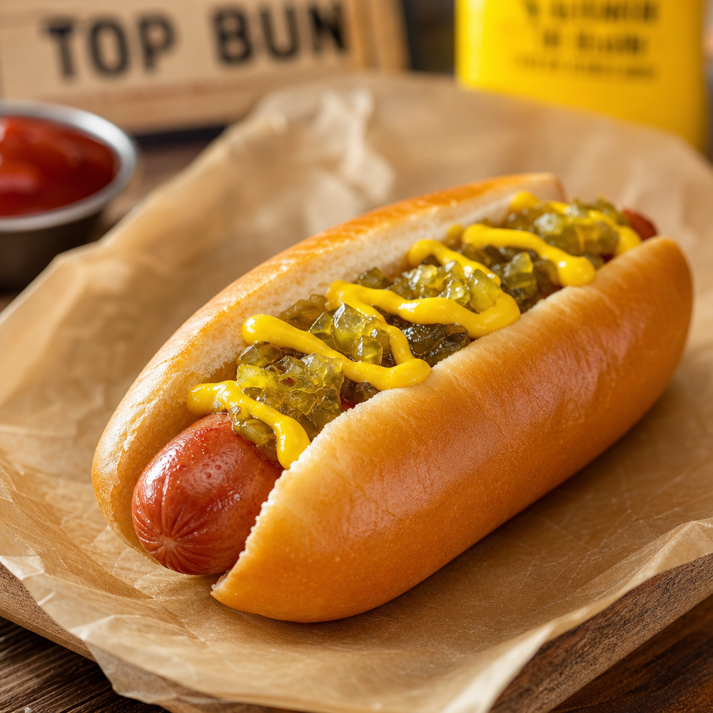 Classic hotdog in a warm bun topped with mustard and relish, served on parchment