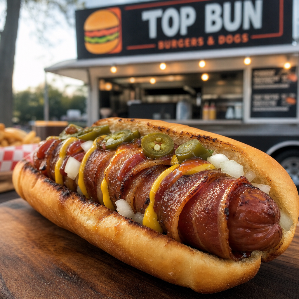 Classic hotdog in a soft toasted bun topped with yellow mustard, diced onions, and pickle relish on a paper tray