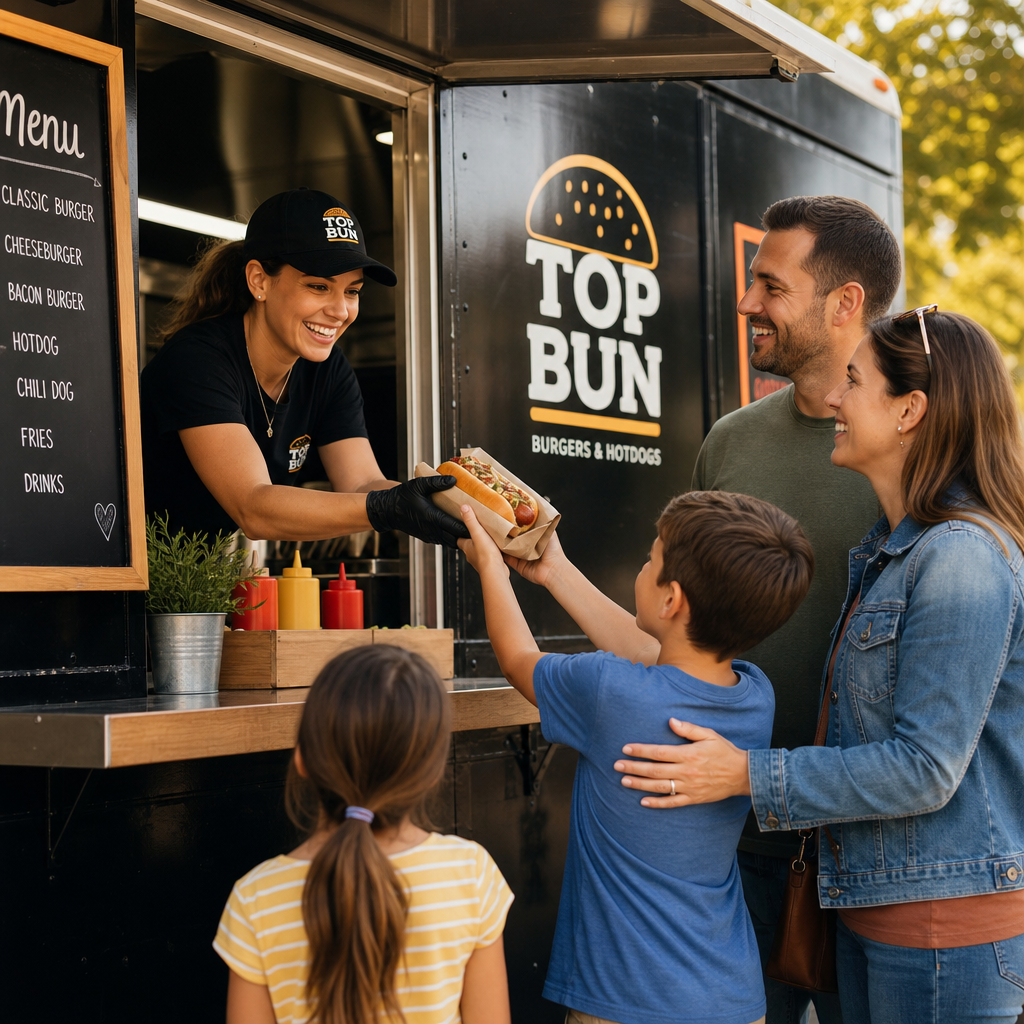 Smiling Top Bun team member handing a wrapped hotdog to a family